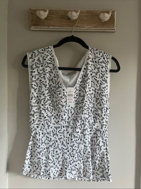 LOFT White Dress with Black Floral Print, Sleeveless V-Neck